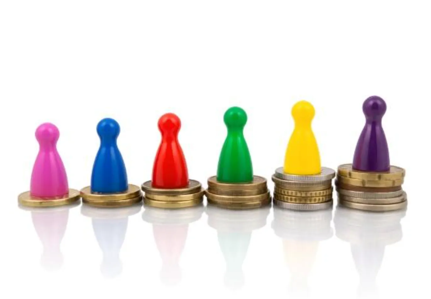 Colorful game pieces on stacks of coins representing salary comparison