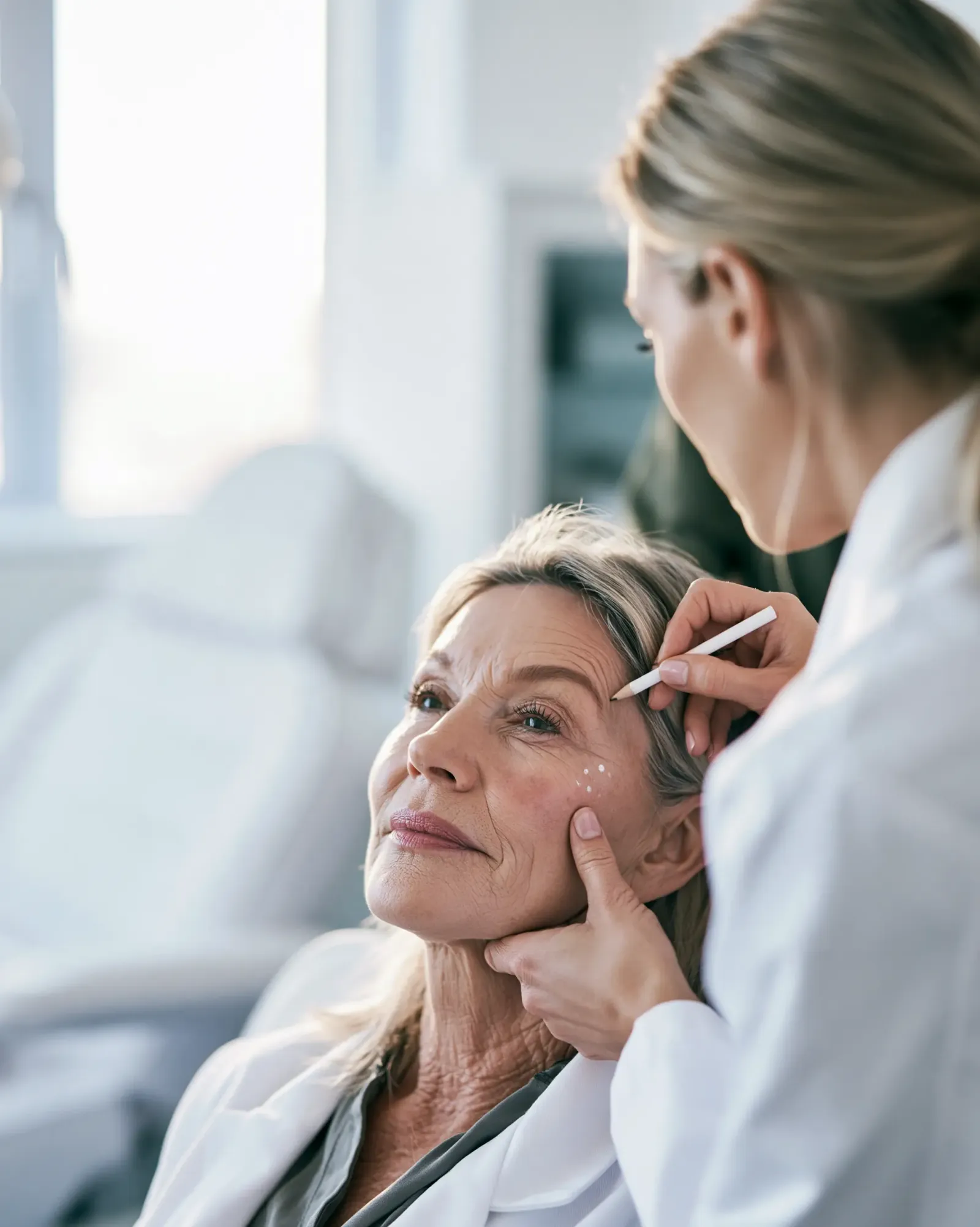 Aesthetic clinician marking reference points on a patient's face during an individualized assessment